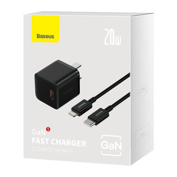Baseus Charger 20W For Apple Iphone 14 13 12 11 Series GaN5 Fast Charger 1C CN Set Black Type-C to iP PD 20W 1m Cable Black CCGN040101 - Image 4
